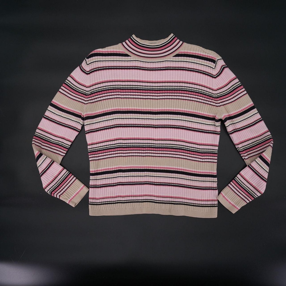 Vintage sweater mixes pink, beige, cream, and black stripes with a mock neckline